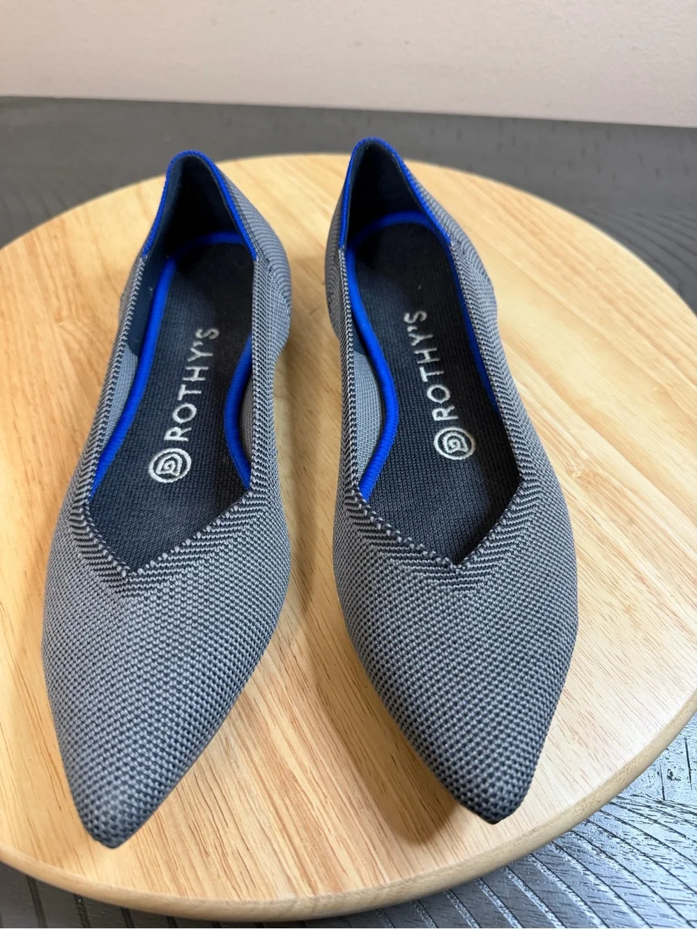 Rothy's Gray Pointed Knit Flats with Blue Trim